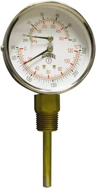 Winters - 3" Dial, 1/2 Thread, 0-75 Scale Range, Pressure Gauge - Lower Connection Mount, Accurate to 0.03% of Scale - Eagle Tool & Supply