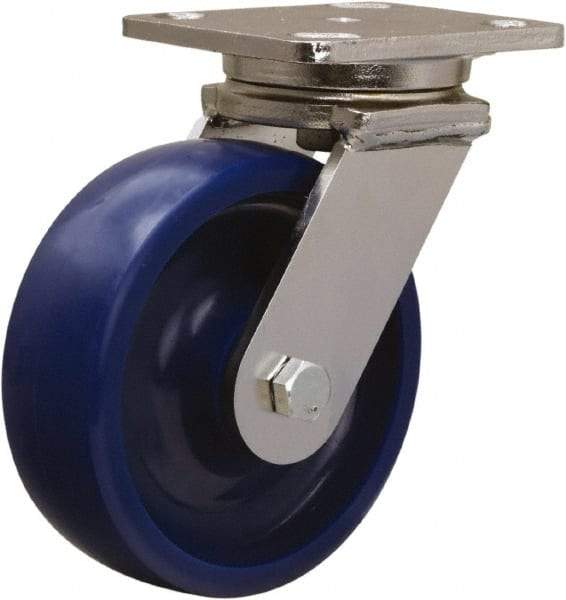 Hamilton - 6" Diam x 2" Wide x 7-1/2" OAH Top Plate Mount Swivel Caster - Polyurethane, 1,000 Lb Capacity, Delrin Bearing, 4 x 5" Plate - Eagle Tool & Supply