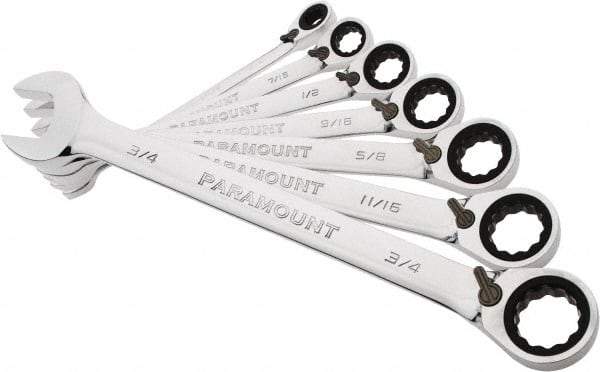 Paramount - 7 Piece, 3/8" to 3/4", 12 Point Reversible Ratcheting Combination Wrench Set - Inch Measurement Standard, Full Polish Chrome Finish, Comes in Blow Molded Case - Eagle Tool & Supply