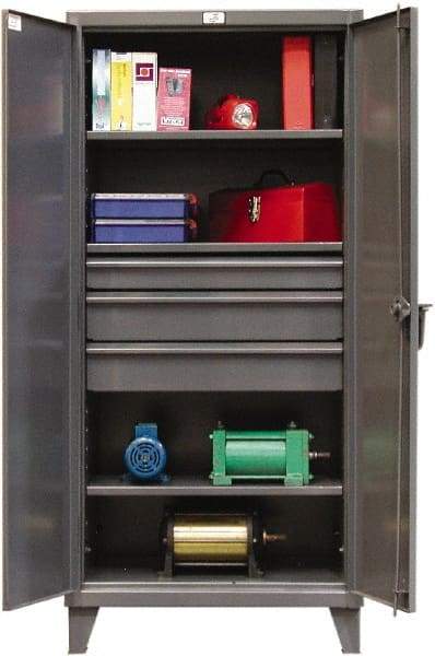 Strong Hold - 3 Shelf 4 Bin Locking Storage Cabinet - Steel, 36" Wide x 24" Deep x 78" High, Dark Gray - Eagle Tool & Supply