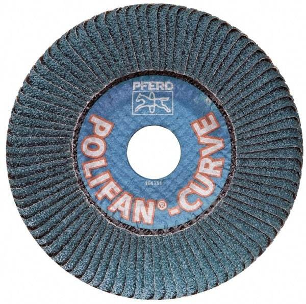 PFERD - 40 Grit, 4-1/2" Disc Diam, 7/8" Center Hole, Type 27 Zirconia Alumina Flap Disc - 13,300 Max RPM, Fiberglass Backing, Arbor Attaching System, Coated - Eagle Tool & Supply