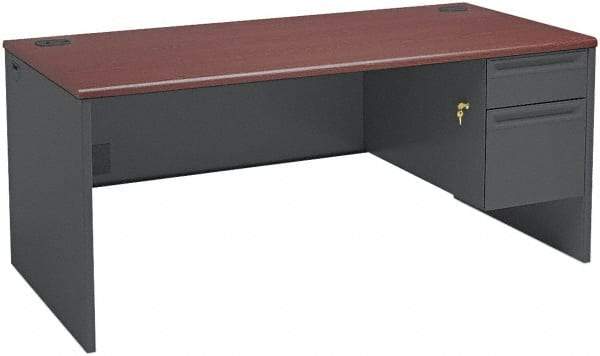 Hon - Steel-Reinforced High-Pressure Laminate/Metal Right Pedestal Desk - 66" Wide x 30" Deep x 29" High, Mahogany/Charcoal - Eagle Tool & Supply