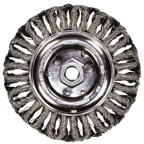 PFERD - 4" OD, 5/8-11 Arbor Hole, Knotted Stainless Steel Wheel Brush - 3/8" Face Width, 3/4" Trim Length, 0.014" Filament Diam, 15,000 RPM - Eagle Tool & Supply