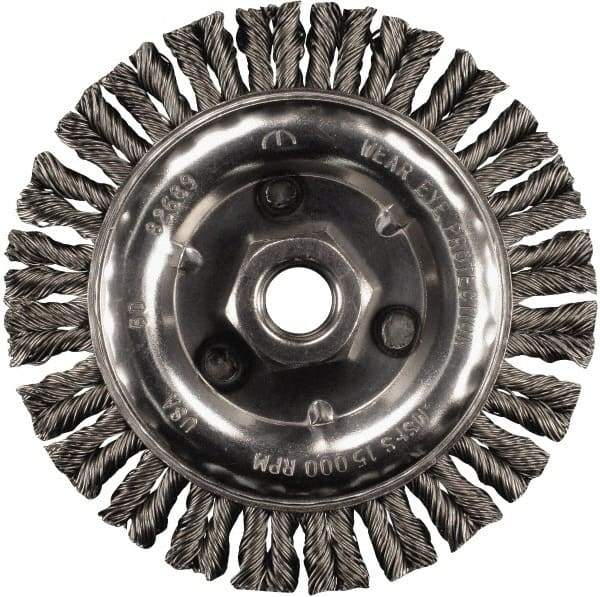 PFERD - 4" OD, 5/8-11 Arbor Hole, Knotted Stainless Steel Wheel Brush - 3/16" Face Width, 3/4" Trim Length, 0.02" Filament Diam, 20,000 RPM - Eagle Tool & Supply