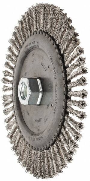 PFERD - 6-7/8" OD, 5/8-11 Arbor Hole, Knotted Stainless Steel Wheel Brush - 3/16" Face Width, 1-1/2" Trim Length, 0.02" Filament Diam, 9,000 RPM - Eagle Tool & Supply