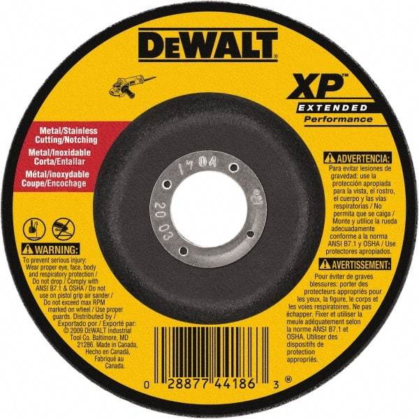 DeWALT - 24 Grit, 9" Wheel Diam, 3/32" Wheel Thickness, 7/8" Arbor Hole, Type 27 Depressed Center Wheel - Zirconia Alumina, Resinoid Bond, 6,600 Max RPM - Eagle Tool & Supply