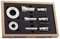 Fowler - 8 Piece, 2 to 4", Carbide, Hole Mechanical Inside Micrometer Set - 0.005mm Graduation, Ratchet Stop Thimble, Includes (2) Setting Rings, (3) Handles & (3) Heads - Eagle Tool & Supply