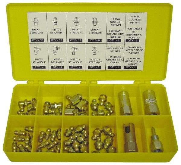 PRO-LUBE - 60 Piece, Metric, Box Plastic Steel Grease Fitting Set - Includes Metric Thread Types, Includes M10x1: (20) Straight, (4) 90°, M6x1: (12) Straight, (4) 90°, M8x1: (12) Straight, (4) 90° - Eagle Tool & Supply