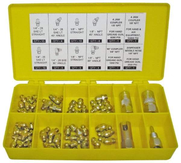 PRO-LUBE - 60 Piece, Inch, Box Plastic Steel Grease Fitting Set - Includes PTF, UNF Thread Types, Includes 1/4-28 SAE-LT: (25) Straight, (4) 45°, (4) 90°, 1/8-27 PTF: (15) Straight, (4) 45°, (4) 90° - Eagle Tool & Supply