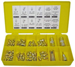 PRO-LUBE - 60 Piece, Inch, Box Plastic Steel Grease Fitting Set - Includes PTF, UNF Thread Types, Includes 1/4-28 SAE-LT: (25) Straight, (4) 45°, (4) 90°, 1/8-27 PTF: (15) Straight, (4) 45°, (4) 90° - Eagle Tool & Supply