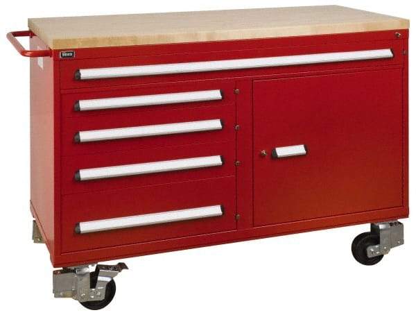 Vidmar - 3,600 Lb Capacity, 5 Drawer Roller Cabinet - 60" Wide x 27-3/4" Deep x 43" High, Steel, Red Gloss - Eagle Tool & Supply