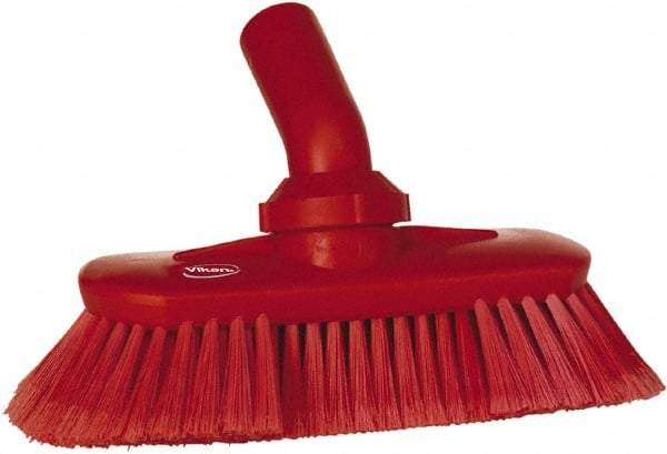 Vikan - 1-1/2" Bristle Length, Polyester Wash Brush - 7-3/4" Long x 3" Wide Head, 8" OAL, European Threaded Handle, Red, Polypropylene Block, Flagged - Eagle Tool & Supply