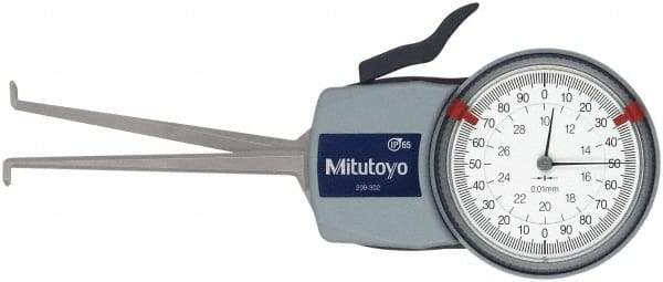Mitutoyo - 10 to 30mm Inside Dial Caliper Gage - 0.01mm Graduation, 0.03mm Accuracy, 85mm Leg Length, 5.2mm Deep x 1.2mm Wide Groove, Ball Contact Points - Eagle Tool & Supply
