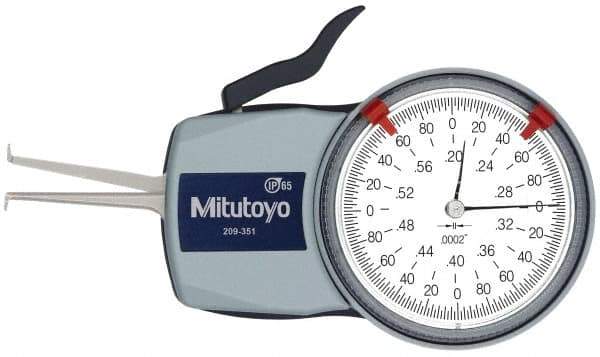 Mitutoyo - 0.2 to 0.6" Inside Dial Caliper Gage - 0.0002" Graduation, 0.0008" Accuracy, 1.37" Leg Length, 0.09" Deep x 0.032" Wide Groove, Ball Contact Points - Eagle Tool & Supply