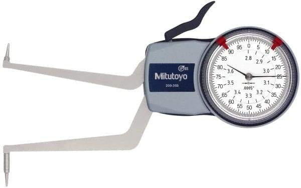 Mitutoyo - 2.8 to 3.6" Inside Dial Caliper Gage - 0.0005" Graduation, 0.0015" Accuracy, 3.3" Leg Length, 0.31" Deep x 0.06" Wide Groove, Ball Contact Points - Eagle Tool & Supply