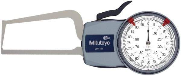 Mitutoyo - 0.8 Inch Max Measurement, 0.0005 Inch Graduation, Outside Dial Caliper Gage - 3.2 Inch Leg Length, 0.0015 Inch Accuracy - Eagle Tool & Supply
