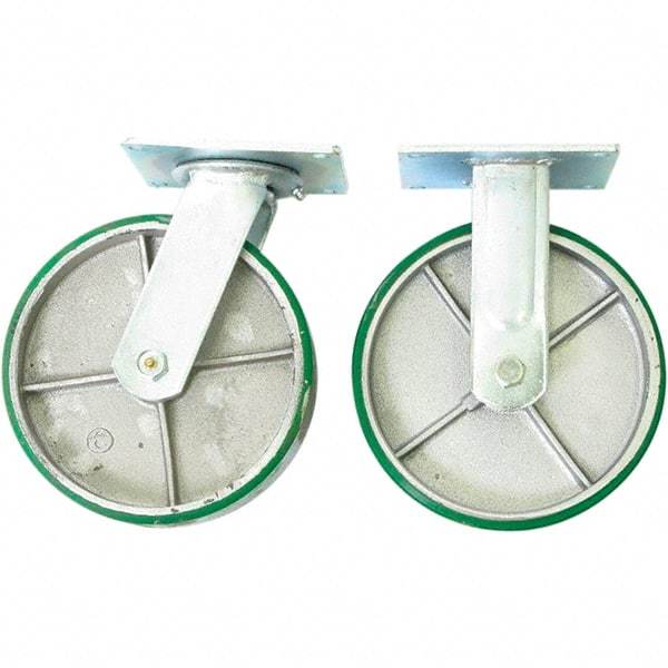 Wesco Industrial Products - 8" Diam x 2" Wide x 9-1/2" OAH Top Plate Mount Dual Swivel & Rigid Caster - Mold on Polyurethane, 4,000 Lb Capacity, Sealed Ball Bearing, 5 x 5-1/2" Plate - Eagle Tool & Supply