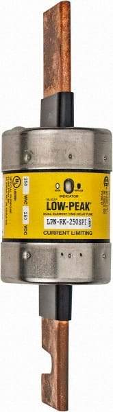 Cooper Bussmann - 250 VAC/VDC, 250 Amp, Time Delay General Purpose Fuse - Bolt-on Mount, 8-5/8" OAL, 100 at DC, 300 at AC (RMS) kA Rating, 2-3/8" Diam - Eagle Tool & Supply