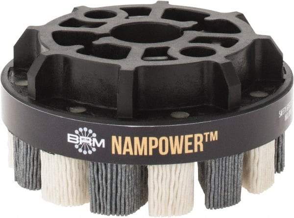 Brush Research Mfg. - 4" 180 Grit Ceramic/Silicon Carbide Tapered Disc Brush - Medium Fine Grade, CNC Adapter Connector, 0.71" Trim Length, 7/8" Arbor Hole - Eagle Tool & Supply