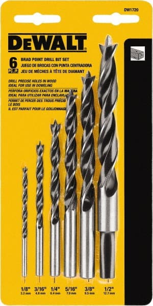 DeWALT - 1/8 to 1/2", 118° Point, Bright Finish, High Speed Steel Brad Point - Eagle Tool & Supply