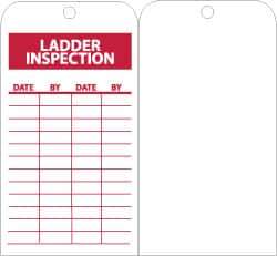 NMC - 3" High x 6" Long, LADDER INSPECTION, English Safety & Facility Inspection Tag - Tag Header: Notice, 1 Side, Red & White Unrippable Vinyl - Eagle Tool & Supply