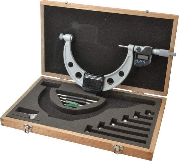 Mitutoyo - 6 Anvil, Electronic, 0 to 6 Inch Range, Carbide Face Interchangeable Anvil Micrometer - Ratchet Stop Thimble, 0.0001 Inch Resolution, 0.00016 + 0.00004 (L/3) Inch Accuracy, SR44 Battey, Includes 5 Standards, 6 Anvils and Fitted Wooden Case - Eagle Tool & Supply