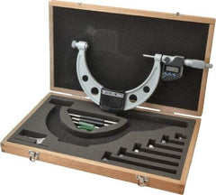 Mitutoyo - 6 Anvil, Electronic, 0 to 6 Inch Range, Carbide Face Interchangeable Anvil Micrometer - Ratchet Stop Thimble, 0.0001 Inch Resolution, 0.00016 + 0.00004 (L/3) Inch Accuracy, SR44 Battey, Includes 5 Standards, 6 Anvils and Fitted Wooden Case - Eagle Tool & Supply