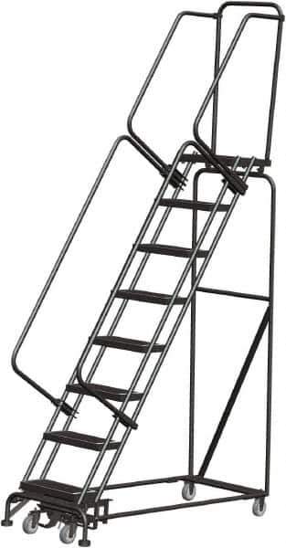 Ballymore - 113" 8 Step Rolling Warehouse Ladder - Lock Step Rolling Safety Ladder, 450 Lb Capacity, 80" Platform Height, 24" Base Width x 61" Base Depth, Perforated Tread - Eagle Tool & Supply