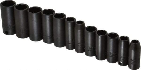 Proto - 12 Piece 3/8" Drive Black Finish Deep Well Impact Socket Set - 6 Points, 8mm to 19mm Range, Metric Measurement Standard - Eagle Tool & Supply