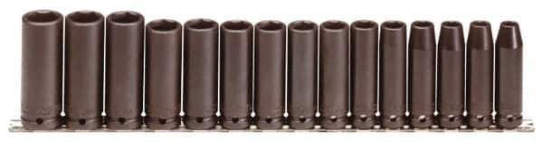 Proto - 15 Piece 1/2" Drive Black Finish Deep Well Impact Socket Set - 6 Points, 3/8" to 1-1/2" Range, Inch Measurement Standard - Eagle Tool & Supply