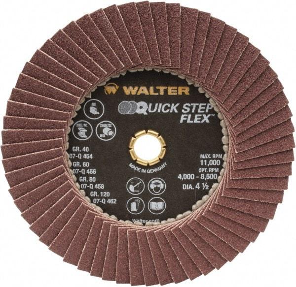 WALTER Surface Technologies - 120 Grit, 4-1/2" Disc Diam, Type 29 Aluminum Oxide Flap Disc - 11,000 Max RPM, Fiber Backing, Arbor Attaching System, Coated - Eagle Tool & Supply