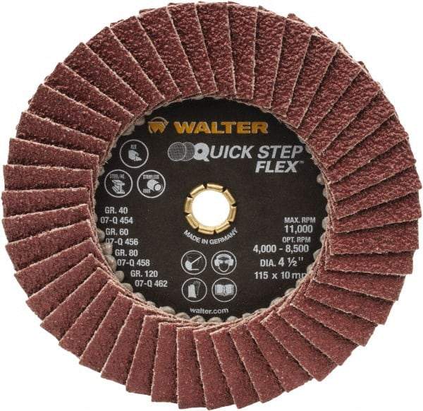 WALTER Surface Technologies - 40 Grit, 4-1/2" Disc Diam, Type 29 Aluminum Oxide Flap Disc - 11,000 Max RPM, Fiber Backing, Arbor Attaching System, Coated - Eagle Tool & Supply