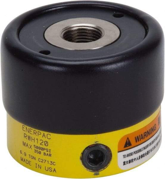 Enerpac - 6.9 Ton, 0.32" Stroke, 0.86 Cu In Oil Capacity, Portable Hydraulic Hollow Hole Cylinder - 2.76 Sq In Effective Area, 2.22" Lowered Ht., 2.54" Max Ht., 1.375" Plunger Rod Diam, 5,000 Max psi - Eagle Tool & Supply