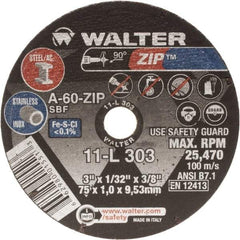 WALTER Surface Technologies - 3" Aluminum Oxide Cutoff Wheel - 1/16" Thick, 3/8" Arbor, 25,470 Max RPM, Use with Die Grinders - Eagle Tool & Supply