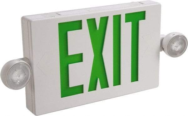 Cooper Lighting - 1 and 2 Face, 2 Head, 120-277 Volt, Thermoplastic, LED Combination Exit Sign - 2-5/16 Inch Wide x 8-1/4 Inch High x 16-9/16 Inch Long, Ceiling, End and Wall Mount, Sealed Nickel Cadmium Battery - Eagle Tool & Supply