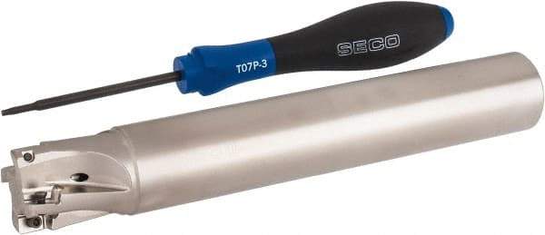 Seco - 1" Cut Diam, 0.354" Max Depth of Cut, 1" Shank Diam, 6.693" OAL, Indexable Square Shoulder End Mill - XO.X 10T3.. Inserts, Cylindrical Shank, 90° Lead Angle, Through Coolant, Series Turbo 10 - Eagle Tool & Supply