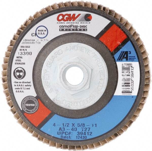 Camel Grinding Wheels - 40 Grit, 4" Disc Diam, 3/8-24 Center Hole, Type 27 Aluminum Oxide Flap Disc - 15,300 Max RPM, Cloth Backing, Arbor Attaching System, Coated - Eagle Tool & Supply