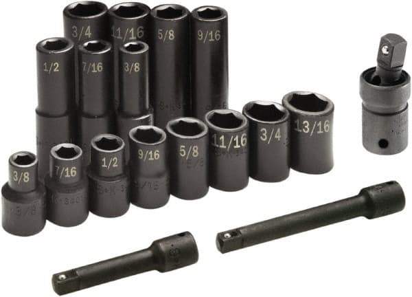 SK - 17 Piece 1/2" Drive Standard Deep Impact Socket Set - 6 Points, 3/8 to 3/4", Inch Measurement Standard - Eagle Tool & Supply