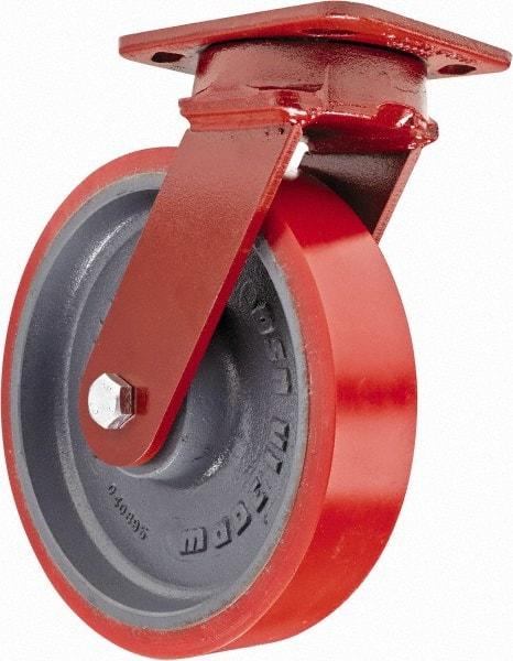 Hamilton - 8" Diam x 2" Wide x 9-1/2" OAH Top Plate Mount Swivel Caster with Brake - Polyurethane, 1,800 Lb Capacity, Sealed Precision Ball Bearing, 4 x 5" Plate - Eagle Tool & Supply