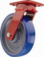 Hamilton - 8" Diam x 2" Wide x 9-1/2" OAH Top Plate Mount Swivel Caster with Brake - Polyurethane, 1,200 Lb Capacity, Sealed Precision Ball Bearing, 4 x 5" Plate - Eagle Tool & Supply
