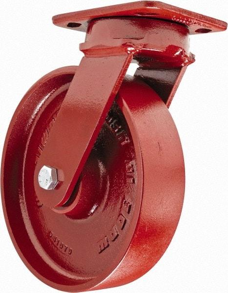 Hamilton - 8" Diam x 2" Wide x 9-1/2" OAH Top Plate Mount Swivel Caster with Brake - Steel, 1,500 Lb Capacity, Sealed Precision Ball Bearing, 4 x 5" Plate - Eagle Tool & Supply