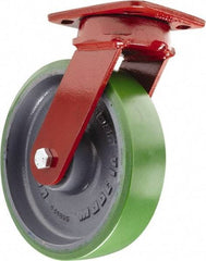 Hamilton - 8" Diam x 2" Wide x 9-1/2" OAH Top Plate Mount Swivel Caster with Brake - Polyurethane, 1,500 Lb Capacity, Sealed Precision Ball Bearing, 4 x 5" Plate - Eagle Tool & Supply