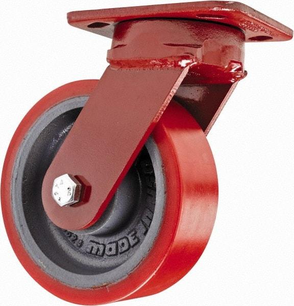 Hamilton - 6" Diam x 2" Wide x 7-1/2" OAH Top Plate Mount Swivel Caster with Brake - Polyurethane, 1,400 Lb Capacity, Sealed Precision Ball Bearing, 4 x 5" Plate - Eagle Tool & Supply