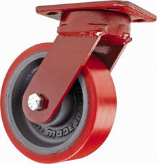 Hamilton - 6" Diam x 2" Wide x 7-1/2" OAH Top Plate Mount Swivel Caster with Brake - Polyurethane, 1,400 Lb Capacity, Sealed Precision Ball Bearing, 4 x 5" Plate - Eagle Tool & Supply