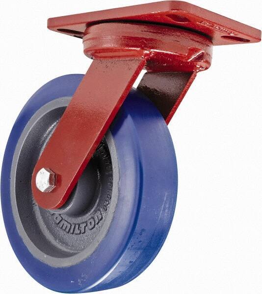 Hamilton - 8" Diam x 2" Wide x 9-3/4" OAH Top Plate Mount Swivel Caster - Polyurethane, 1,200 Lb Capacity, Sealed Precision Ball Bearing, 4-1/2 x 6-1/2" Plate - Eagle Tool & Supply