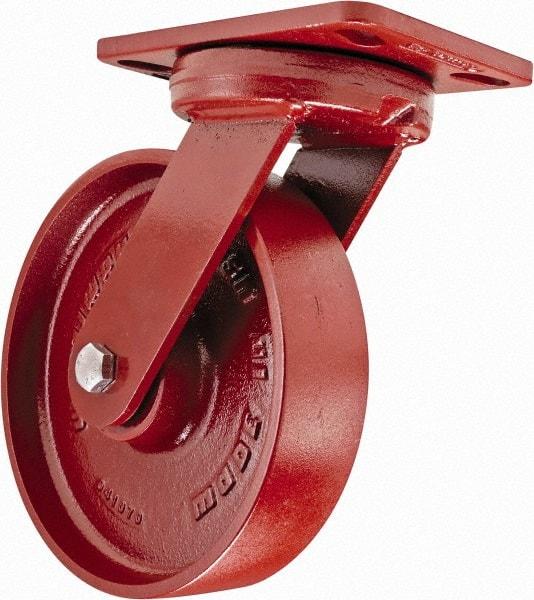Hamilton - 8" Diam x 2" Wide x 9-3/4" OAH Top Plate Mount Swivel Caster with Brake - Steel, 1,500 Lb Capacity, Sealed Precision Ball Bearing, 4-1/2 x 6-1/2" Plate - Eagle Tool & Supply