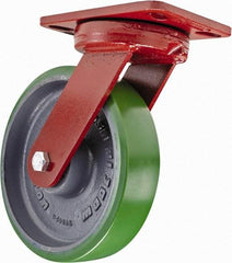 Hamilton - 8" Diam x 2" Wide x 9-3/4" OAH Top Plate Mount Swivel Caster with Brake - Polyurethane, 1,500 Lb Capacity, Sealed Precision Ball Bearing, 4-1/2 x 6-1/2" Plate - Eagle Tool & Supply