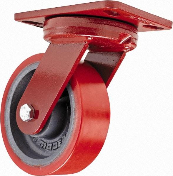 Hamilton - 6" Diam x 2" Wide x 7-3/4" OAH Top Plate Mount Swivel Caster with Brake - Polyurethane, 1,400 Lb Capacity, Sealed Precision Ball Bearing, 4-1/2 x 6-1/2" Plate - Eagle Tool & Supply