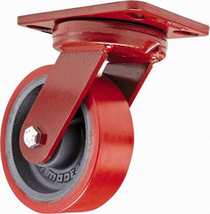 Hamilton - 6" Diam x 2" Wide x 7-3/4" OAH Top Plate Mount Swivel Caster with Brake - Polyurethane, 1,400 Lb Capacity, Sealed Precision Ball Bearing, 4-1/2 x 6-1/2" Plate - Eagle Tool & Supply