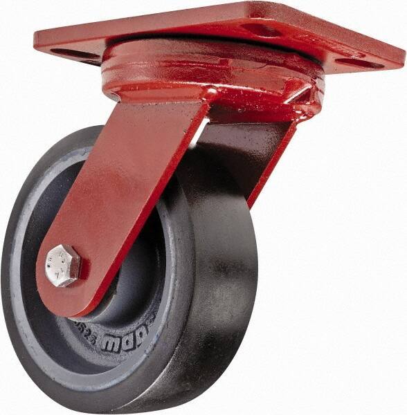 Hamilton - 6" Diam x 2" Wide x 7-3/4" OAH Top Plate Mount Swivel Caster with Brake - Polyurethane, 1,560 Lb Capacity, Sealed Precision Ball Bearing, 4-1/2 x 6-1/2" Plate - Eagle Tool & Supply